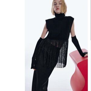 Zara Black Turtleneck Sleeveless Fringe Knit Top, NWT, S